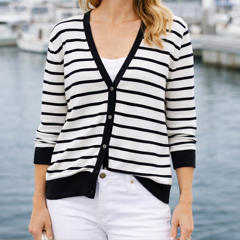 Ann Taylor XL Black White Stripe Cotton Cardigan Nautical V Neck